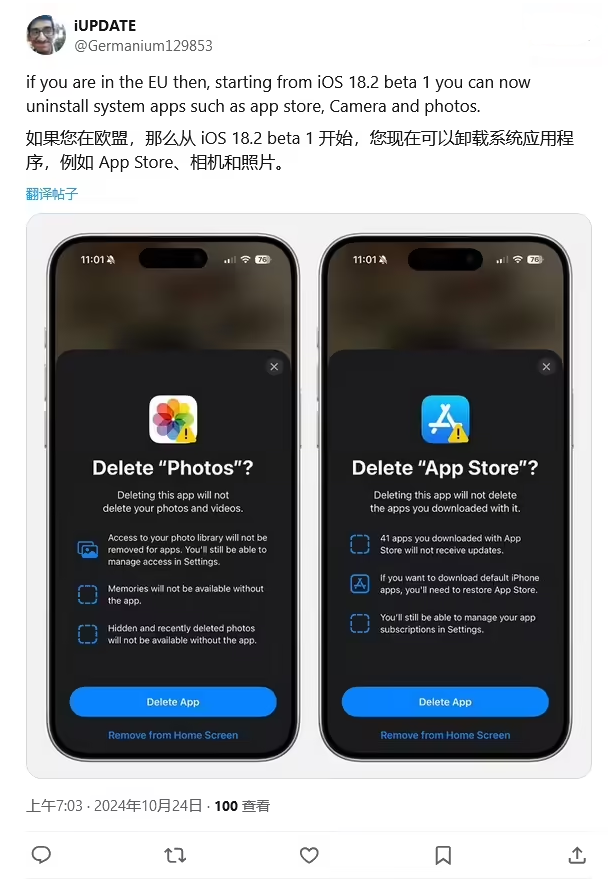 永福苹果手机维修分享iOS 18.2 支持删除 App Store 应用商店 