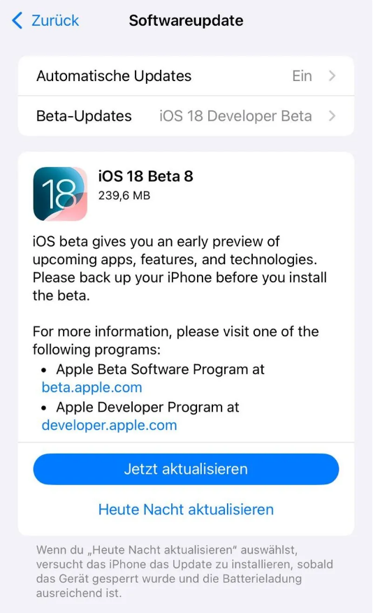 永福苹果手机维修分享苹果 iOS / iPadOS 18 开发者预览版 Beta 8 发布 